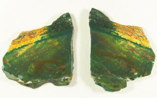Bloodstone.  Colorful,  Chaotic Abstract Pattern In Green,  Red & Yellow,  2 Slabs.