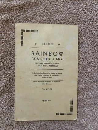 Antique Menu From The Rainbow Seafood Cafe In Little Rock Ar - Very Old Piece