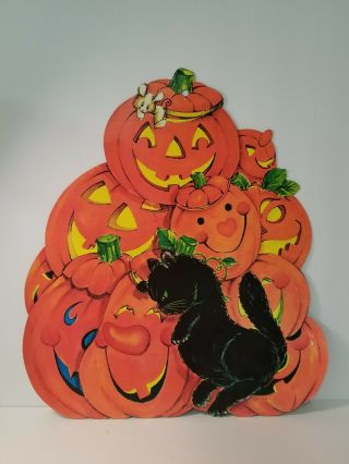 Vintage Halloween Paper Die Cut Out Black Cat And Pumpkins Decoration
