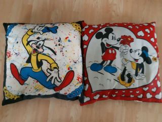 Set Of 2 Vintage Disney Throw Pillows Mickey Mouse Minnie And Goofy 20 " X 20 "