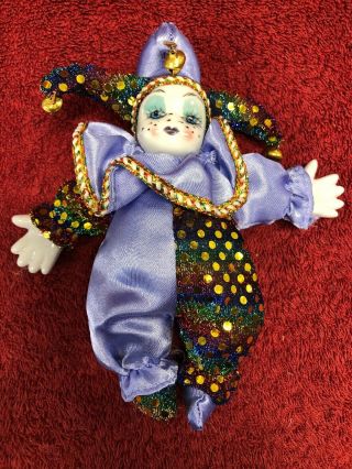 Mardi Gras Blue Jester Clown Doll 7” With Porcelain Face / Head