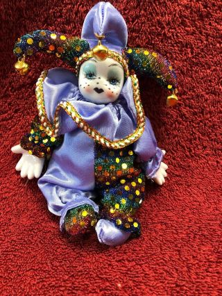 Mardi Gras Blue Jester Clown Doll 7” With Porcelain Face / Head 2