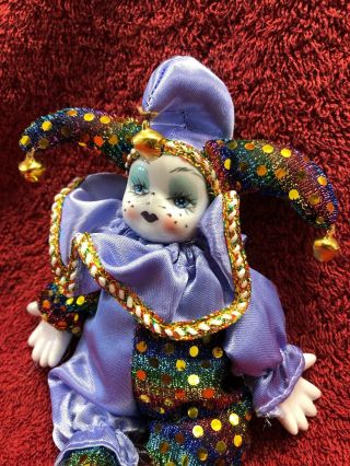 Mardi Gras Blue Jester Clown Doll 7” With Porcelain Face / Head 3