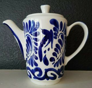 Vtg Blue & White Mexican Anfora Hand Painted Pottery Coffee Tea Pot 8.  5 " Euc