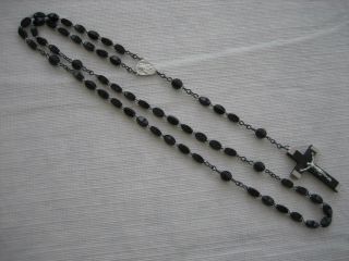 Vintage Religious 25 Inch Black Bead Rosary - Metal Medal And Wood Crucifix