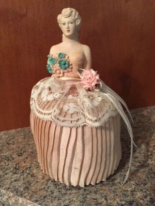 Vintage 6 " Half Doll Pincushion With Bouquet,  Pleated Base