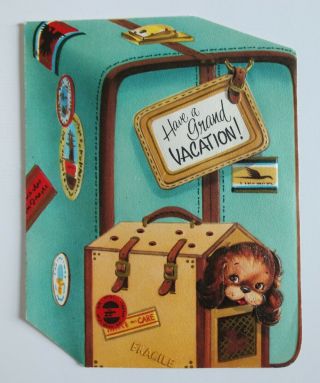 Vintage Travel Vacation Greeting Card Puppy Dog Suitcase Print
