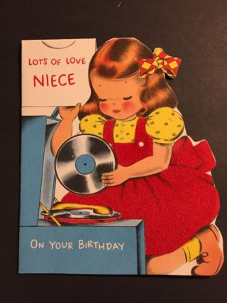 Vintage Birthday Card 1950s A Norcross Card Girl Record Flocked Red Dress