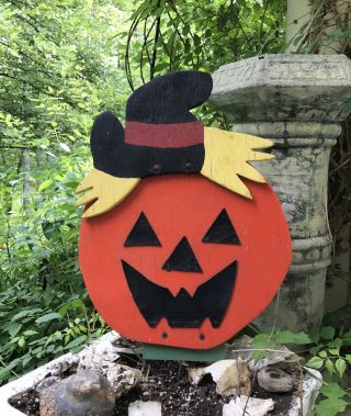Vtg Halloween Wood 3d Scarecrow Pumpkin Head Yard Stake - Sign - Outdoor Decoration