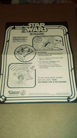 Vintage 1977 Kenner Star Wars Tie Fighter Instruction Sheet
