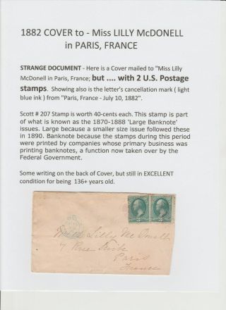 1882 Cover To Paris,  France - With 2 U.  S.  Postage Stamps (??)