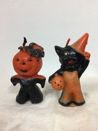 Vtg 1950 Gurley Novelty Black Cat W/pumpkin &jack - O - Lantern Halloween Candles