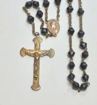 Vtg 22 1/2” Black Glass Beaded Rosary 2 " Brass Tone Cross Italy & Mother Mary