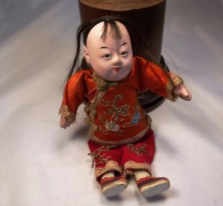 Chinese Antique Doll W/embroidered Robe & Paper Mache Head & Hands