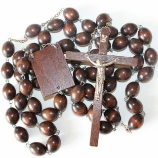 Vintage Large Thick Brown Wooden Beads Rosary With Cross