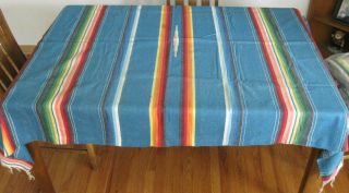 Vintage Mexican Serape Blanket / Tablecloth Very Colorful Large Blue