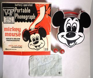 P004.  Vintage: Disney Mickey Mouse Portable Phonograph Vanity Fair (1956) Rare