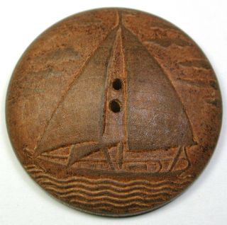 Vintage Wood Button Embossed Masted Sailing Ship 1 & 3/4 " Transportation