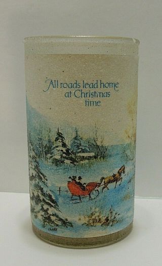 Vtg Sugar Frosted Christmas Pillar Candle Horse Drawn Sleigh Ride 5 "