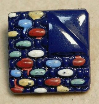 Antique Vtg Button Square Blue Glass W Hankerchief Corner & Painted Dots 11/16 V