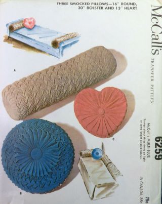 Vtg 1960s Mccall 6259 Smocked Bolster Round Heart Pillow Sewing Pattern Uncut