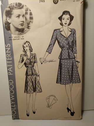 Hollywood Pattern 793 - Betty Grable - 2 Piece Dress Size 20 - 38 Bust/41 Hip