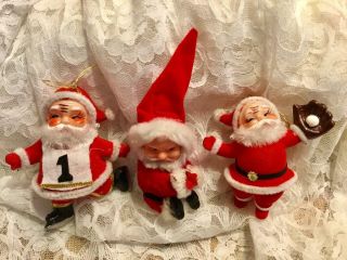 3 Vintage Santa Felt Ornaments Plastic Faces Hand Painted