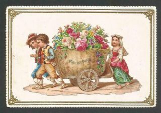 L90 - Children With Large Basket Of Flowers Scrap On Italian Victorian Card