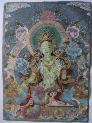 23.  6 " Tibetan Nepal Silk Embroidered Thangka Tibet Buddha Green Tara