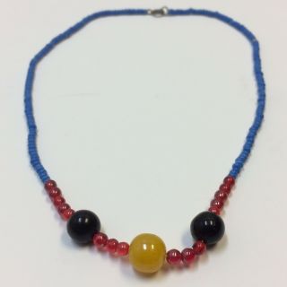 Vtg‼ Czech Glass Mardi Gras Necklace Bead 16½ " Long •guc‼ •blue Red Black Yellow