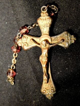 Antique Brass Cross Crucifix Rosary W Cut Glass Beads And Partial Chain Pendant