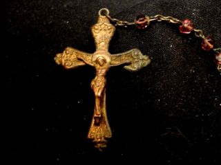 Antique Brass Cross Crucifix Rosary w Cut Glass Beads and Partial Chain Pendant 5