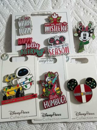 Disney Pin 8 Christmas Holiday,  Wall - E Eve,  Bah Humbug Donald,  Icon Santa,  Antlers