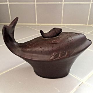 Vintage Chinese Yixing Brown Clay Fish Teapot Signed Stamped