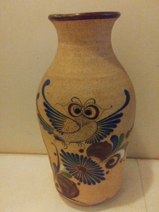 Tonala Style Mexican Pottery Vase Clay Bird Owl With Flowers 11 " Tall