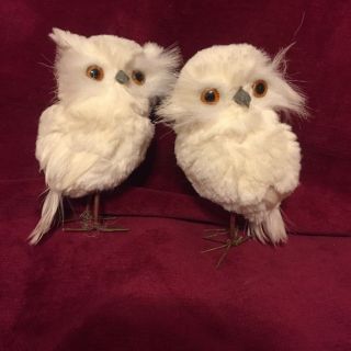 Kurt Adler White Feathered Owls Matched Pair Ornaments 4 1/2 X 2 1/2 Inch