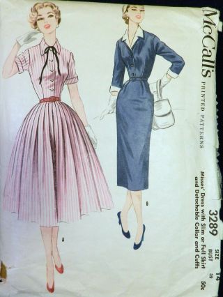 Vtg 1950s Mccall 3289 Slim Full Skirt Dress Cuffs Collar Sewing Pattern 14