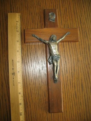 Vintage Crucifix Wood With Silver - Tone Jesus Christ 10 " Wall Hanging Inri Cross
