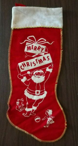 Vintage 17 " Christmas Stocking Merry Christmas Santa Flannel Gold Trim Stitching