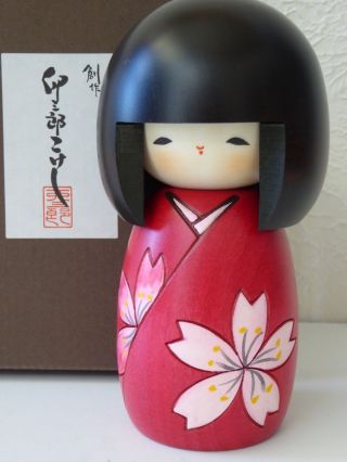 Japanese Kokeshi Wooden Doll 5 - 1/8 " H Sakura Flower Kimono Girl/made In Japan
