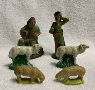 6 Putz Antique Nativity 1800 German Chalkware Shepherd Sheep Figurines Christmas