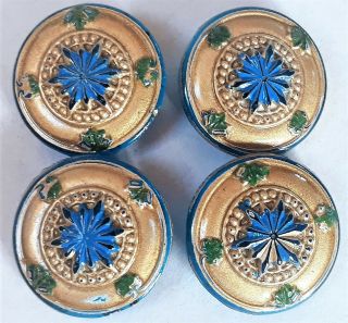 4 Pc Of Vintage Blue Czech Glass Buttons - Hand Painted