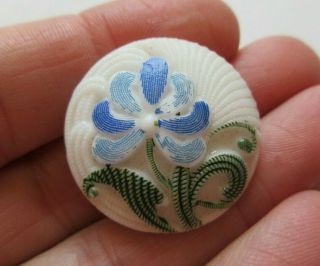 Antique Vtg White Glass Button Hand Painted Blue Flowers 1 - 1/8 " (l)