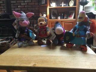 4 Disney/pooh Stuffed Dolls Wearing Armor: Pooh,  Piglet,  Eeyore,  Tigger