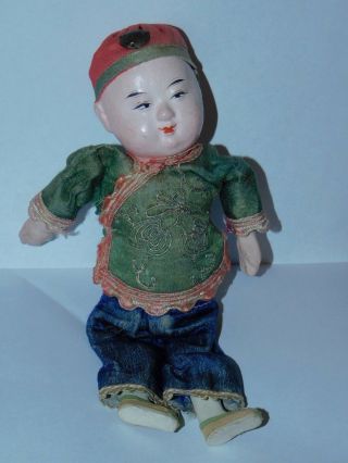 Vintage Chinese Composition 8 " Doll Boy Ornate With Silk Clothing