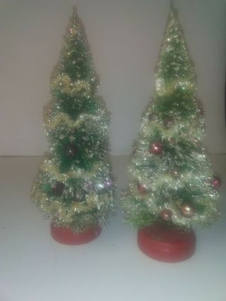 Vintage Miniature Bottle Brush Christmas Trees W/ornaments & Glitter Japan 1950s