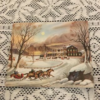 Vintage Greeting Card Christmas Winter Evening Currier And Ives