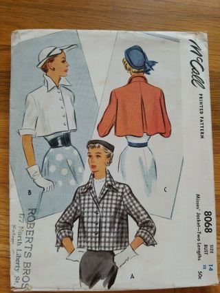 Uncut Mccall 8068 Vintage Sewing Coat Pattern 14 Bust 32 50s 1950s Mccall 
