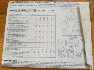 UNCUT McCall 8068 Vintage sewing COAT pattern 14 Bust 32 50s 1950s McCall ' s 2