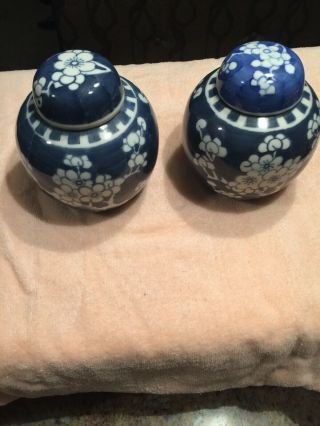 Pair (2) Of Vintage Chinese Blue & White Cherry Blossom Ginger Jars